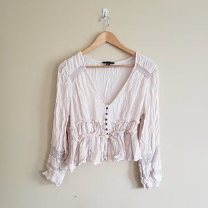 Light Pink V-Neck Peasant Blouse with Button Front